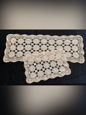 VTG Handcrafted cream crochet table runner/ dresser scarves doilies set of 2
